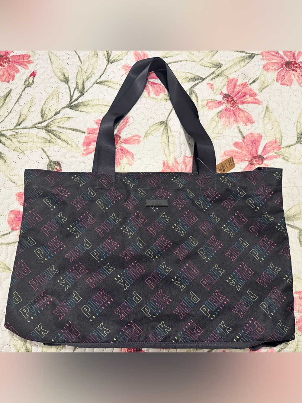 Victorias Secret PINK Black Tote Bag With All Over Colourful Logo NWT